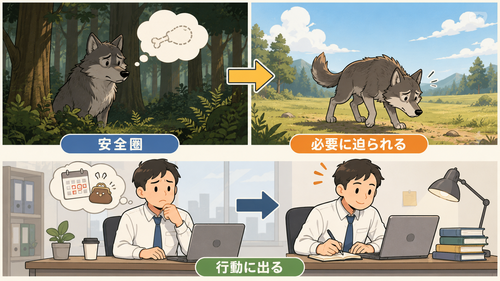 空腹のオオカミが森を出る様子と必要に迫られて行動する人の比較イラスト