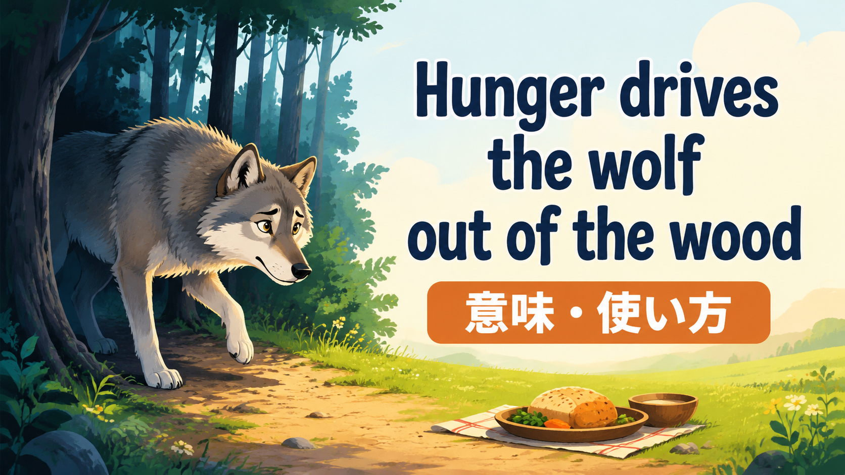 Hunger drives the wolf out of the woodの意味と使い方を示すアイキャッチ