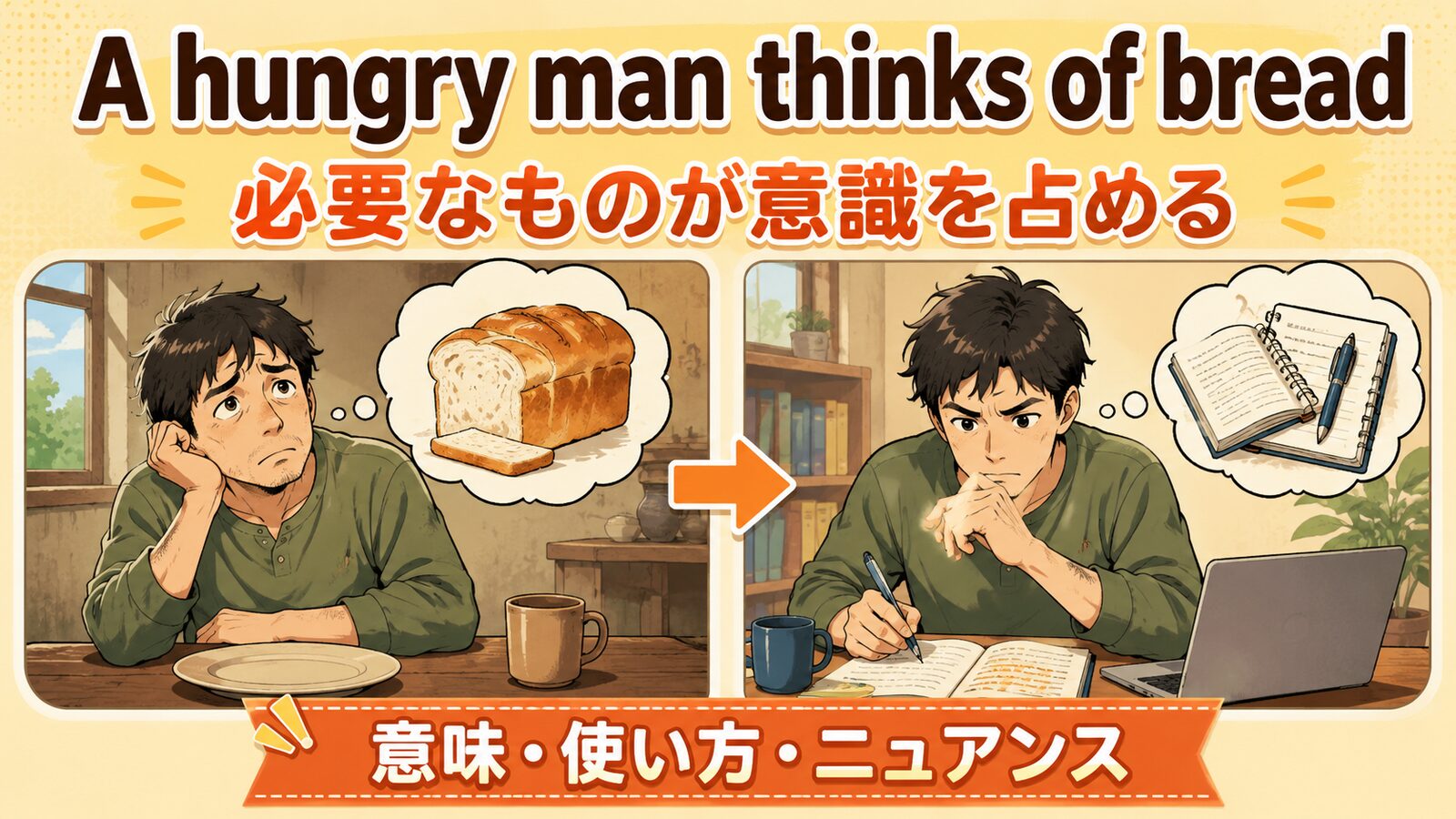 A hungry man thinks of breadの意味・使い方・ニュアンスを例文で解説