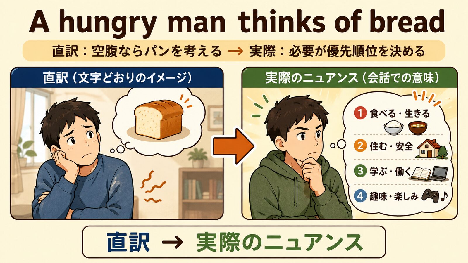 A hungry man thinks of breadの直訳と実際のニュアンスを説明する図