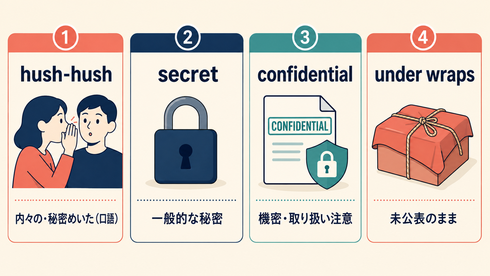 hush-hush、secret、confidential、under wrapsのニュアンスの違い