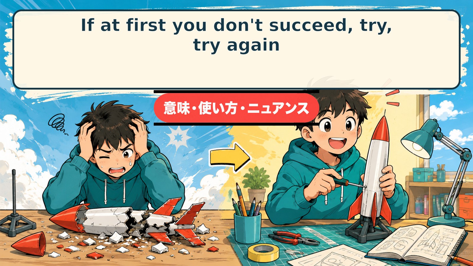 If at first you don’t succeed, try, try again.の意味・使い方｜失敗後の再挑戦を表す英語