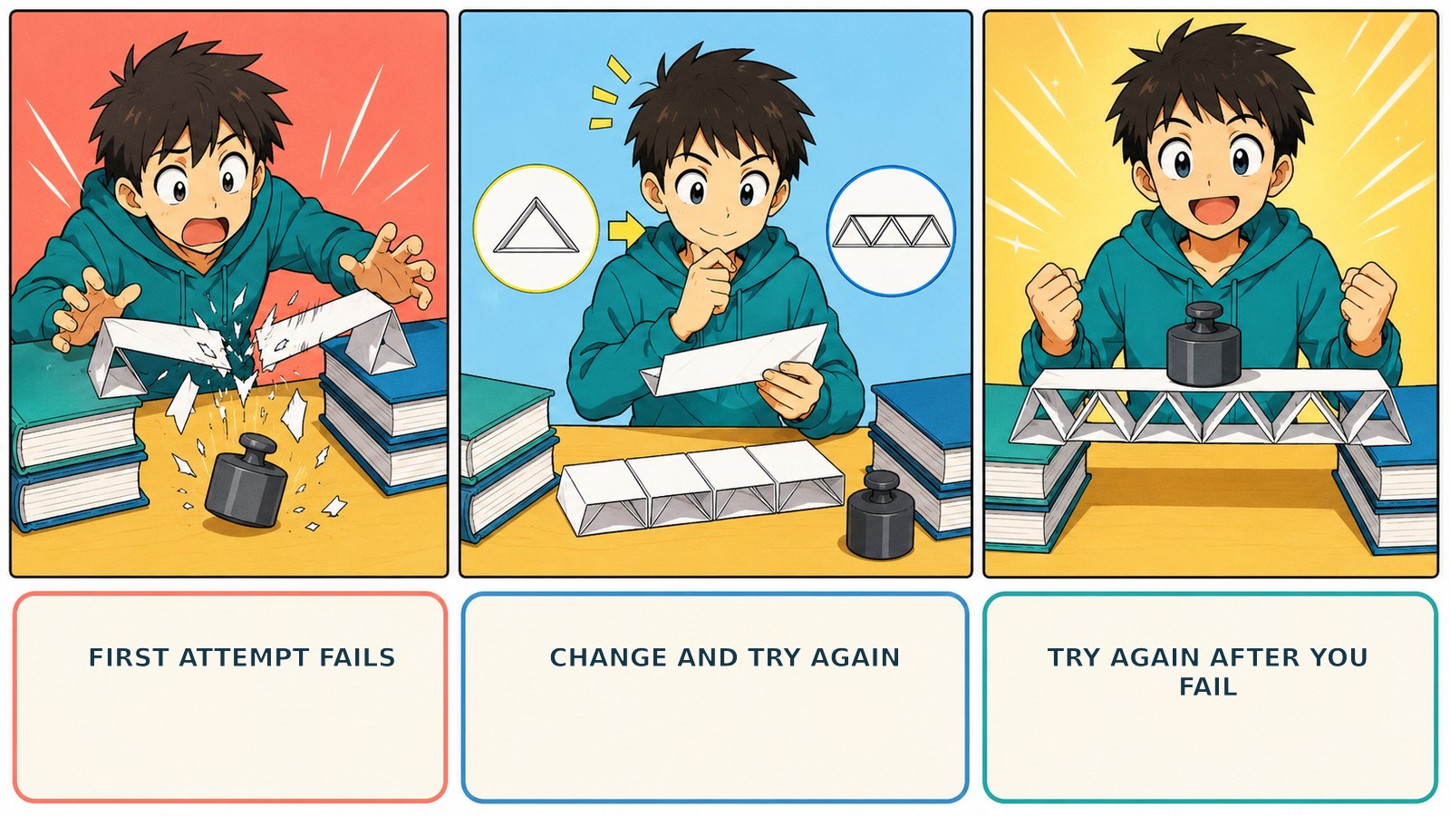 If at first you don't succeed, try, try again.の直訳・実際の教訓・簡単な言い換えを比較した図