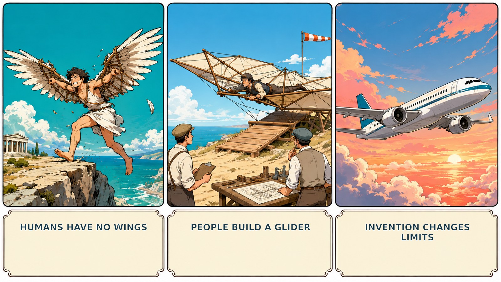 If God had meant us to fly, he would have given us wings.の直訳・実際の教訓・簡単な言い換えを比較した図