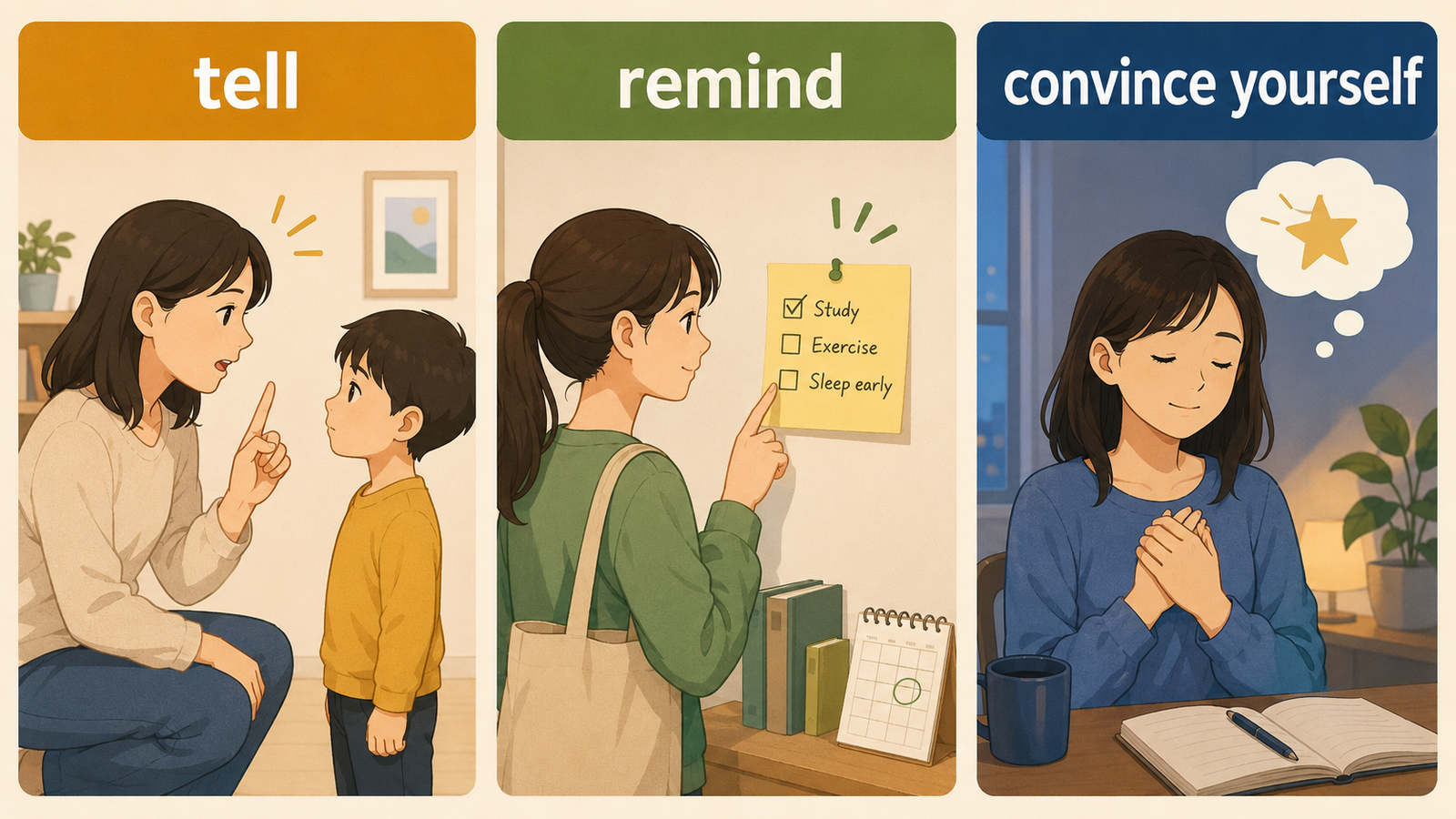 言い聞かせるを表すtell / explain・remind・tell / convince yourselfの違い