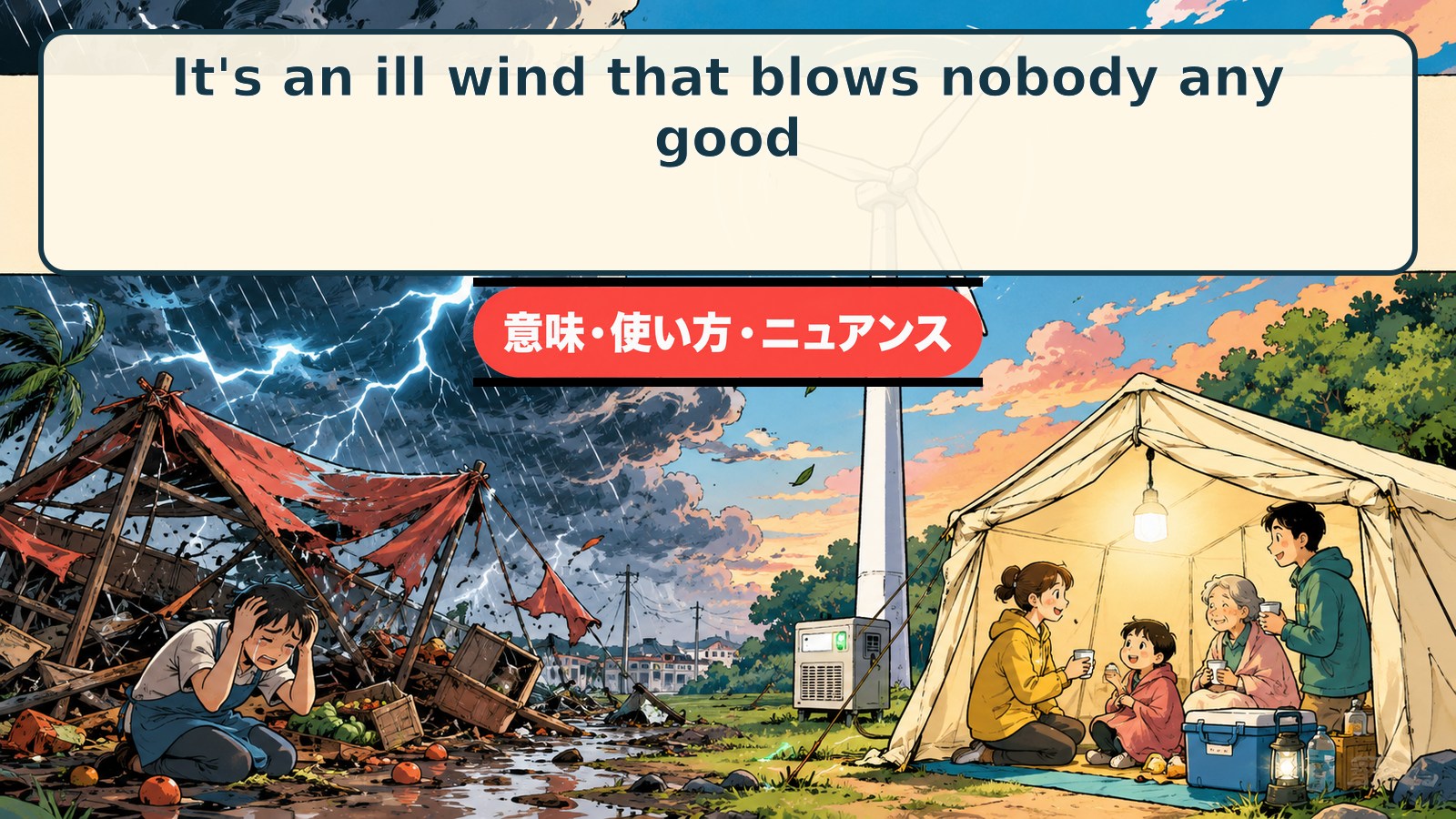 It's an ill wind that blows nobody any good.の意味・使い方を嵐と利益で示すアイキャッチ