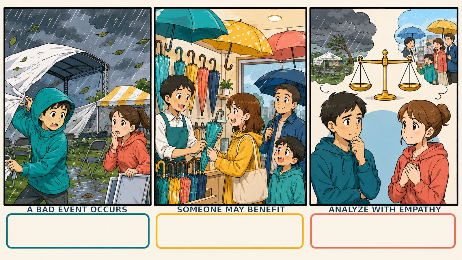 It's an ill wind that blows nobody any good.の直訳・実際の教訓・簡単な言い換えを比較した図