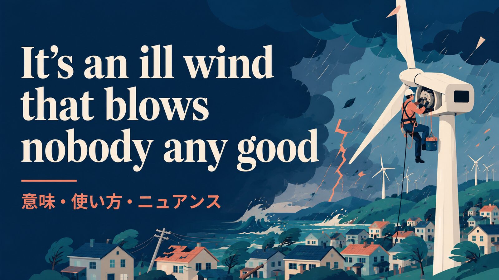 It’s an ill wind that blows nobody any good の直訳と実際のニュアンスを示す解説イラスト