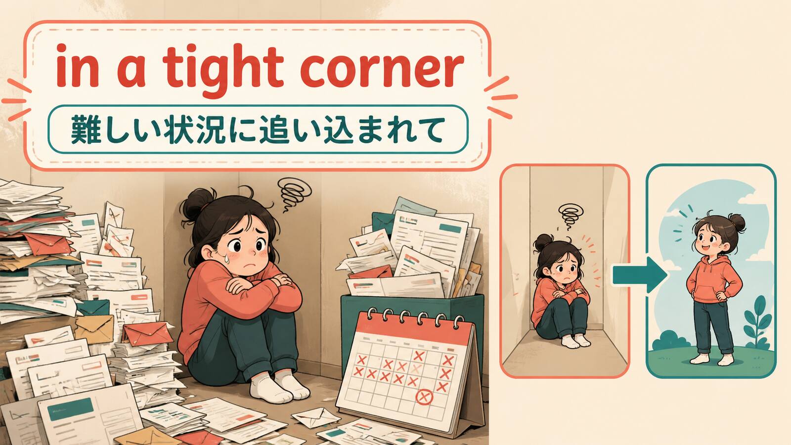in a tight cornerの直訳イメージとニュアンスを説明するイラスト