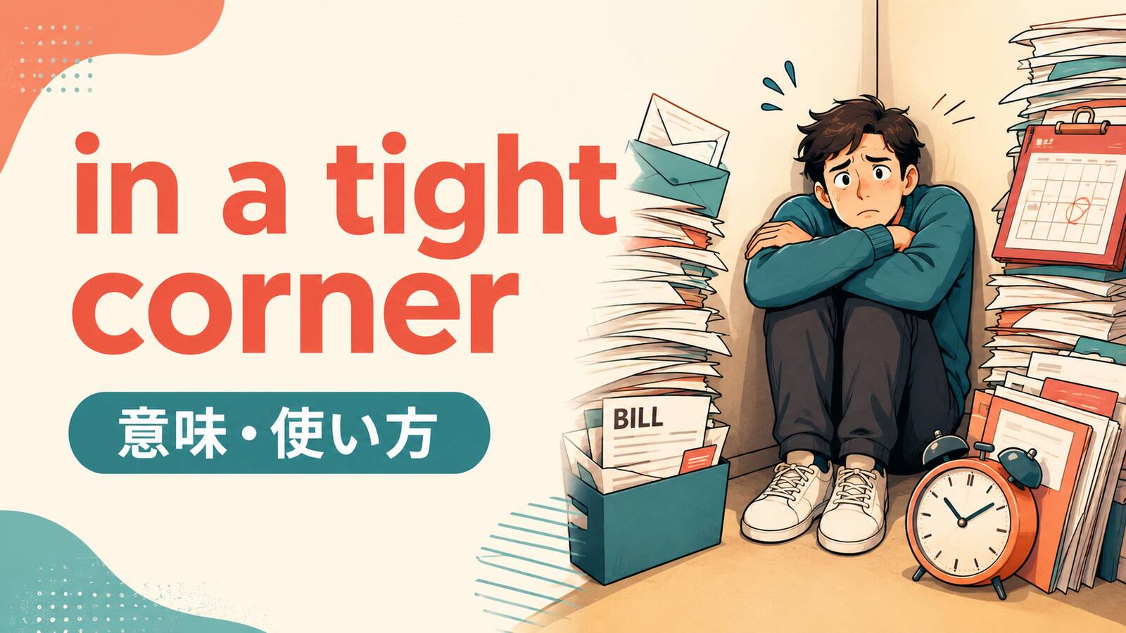 in a tight cornerの意味と使い方を解説するアイキャッチ画像