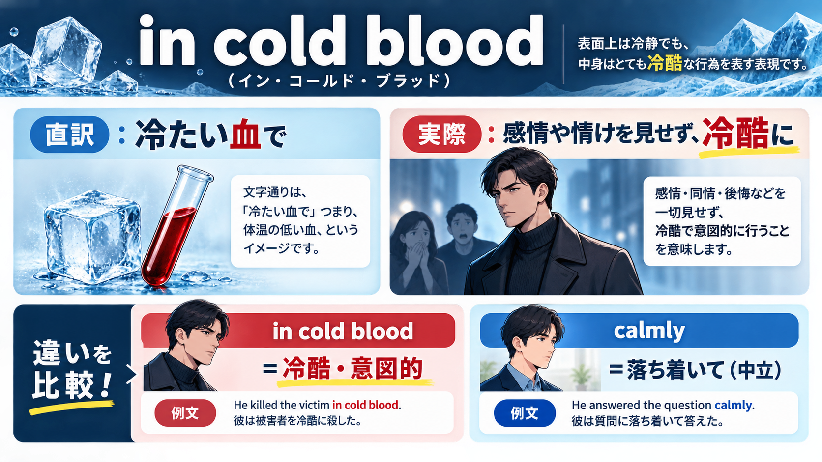 in cold bloodの直訳と実際のニュアンスを示す図解