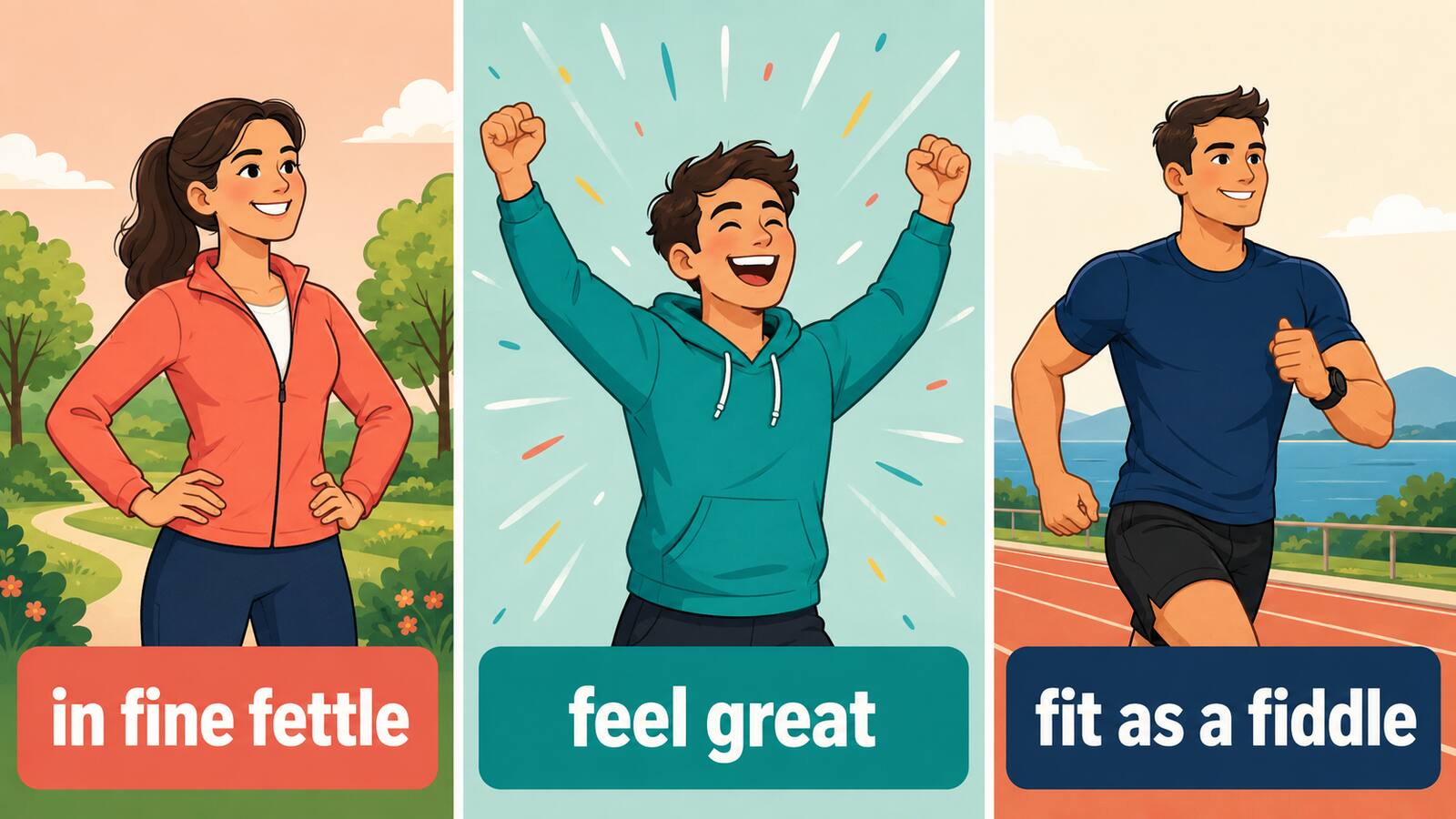 in fine fettleとfeel greatとfit as a fiddleのニュアンス比較図