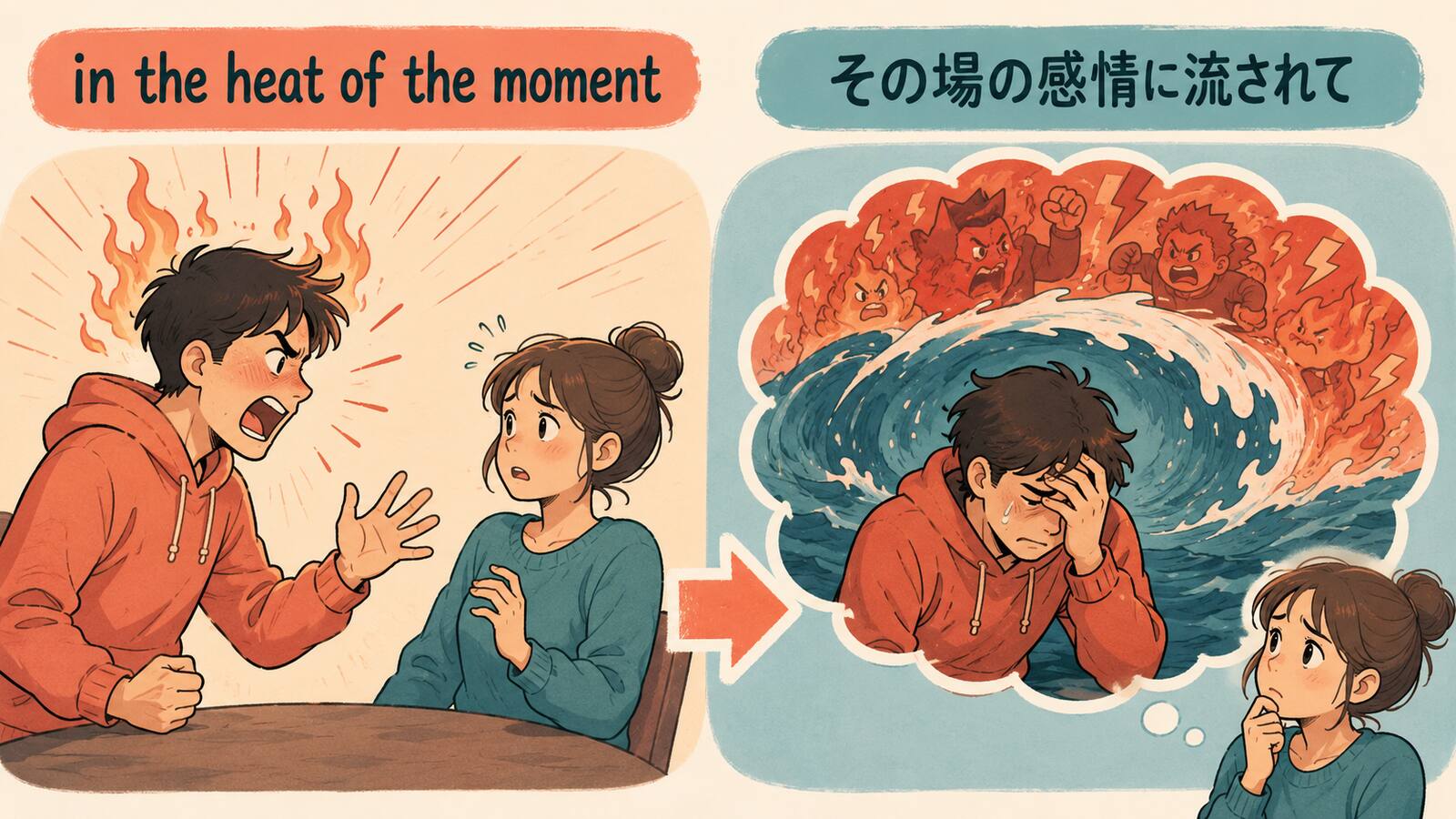 in the heat of the momentの意味とニュアンスを説明するイラスト