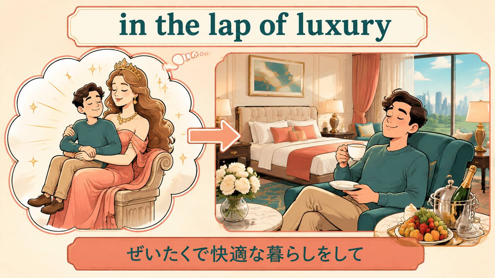 in the lap of luxuryの意味とニュアンスを説明するイラスト
