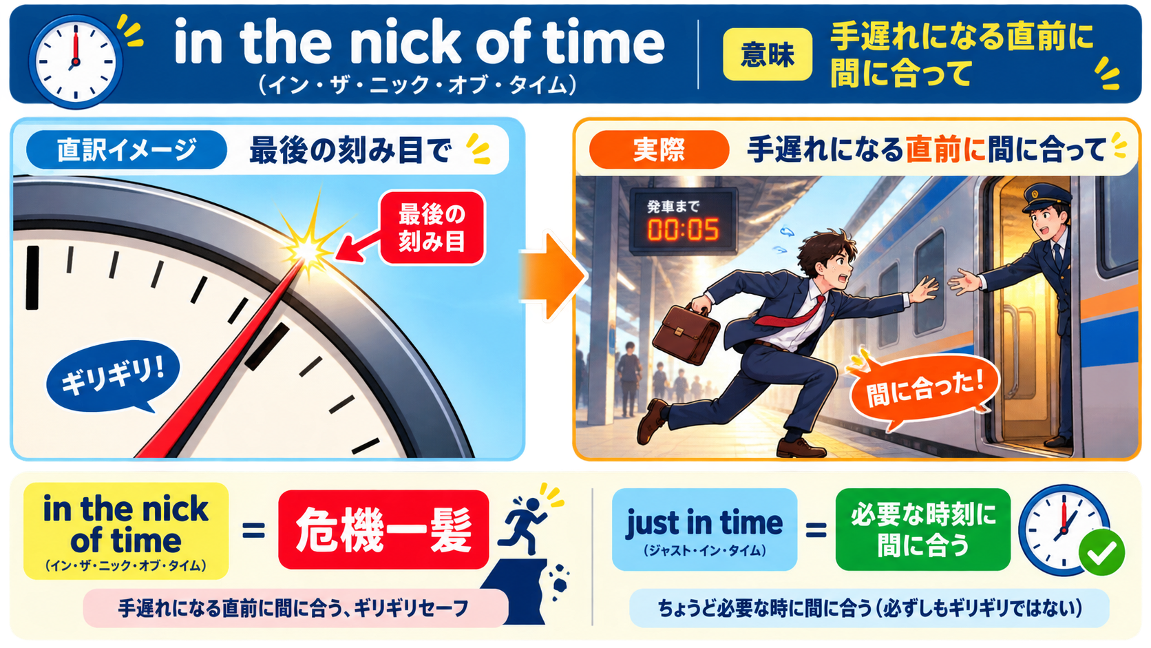 in the nick of timeの直訳と実際のニュアンスを示す図解