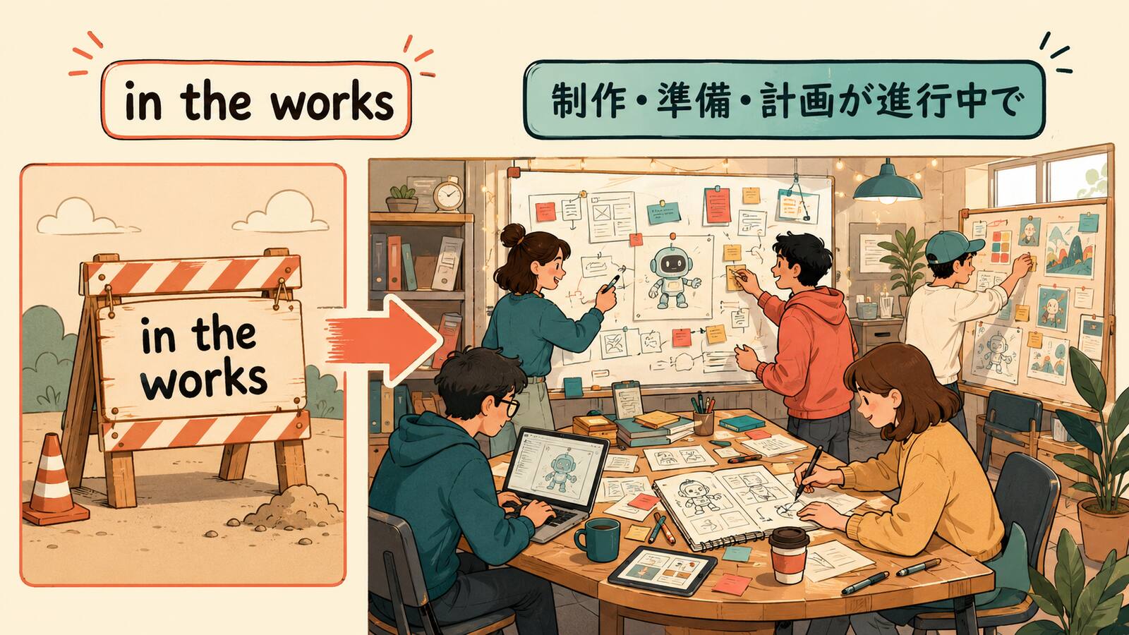 in the worksの意味とニュアンスを説明するイラスト