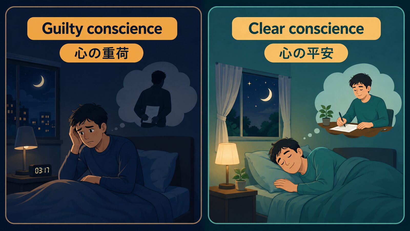 The innocent seldom find an uncomfortable pillow.の直訳と実際のニュアンスを比較した解説イラスト
