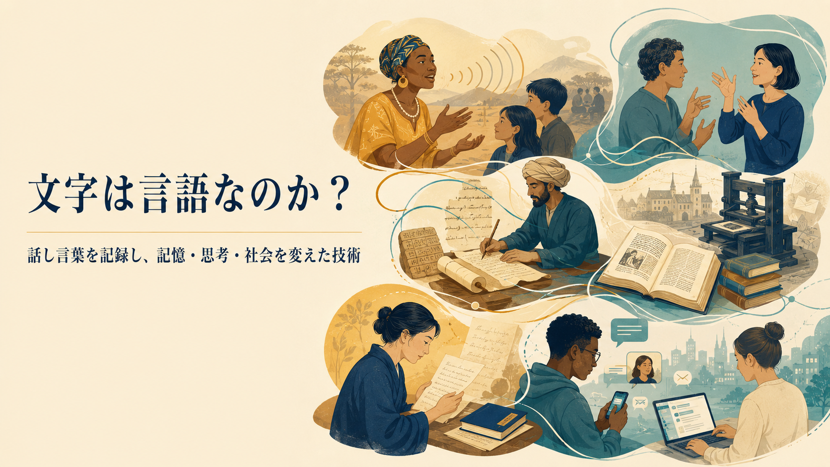 口承・手話・手書き・印刷・デジタルを通して言語と文字の関係を示す図