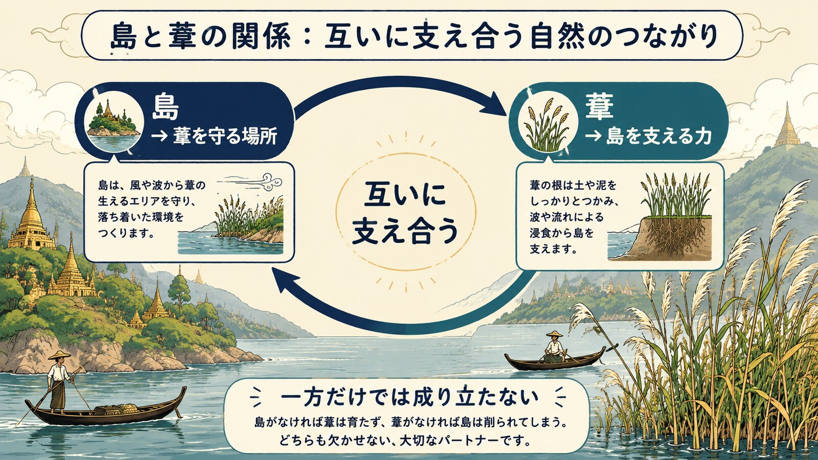 Islands depend on reeds, just as reeds depend on islandsのニュアンスと使い分けを示す解説図