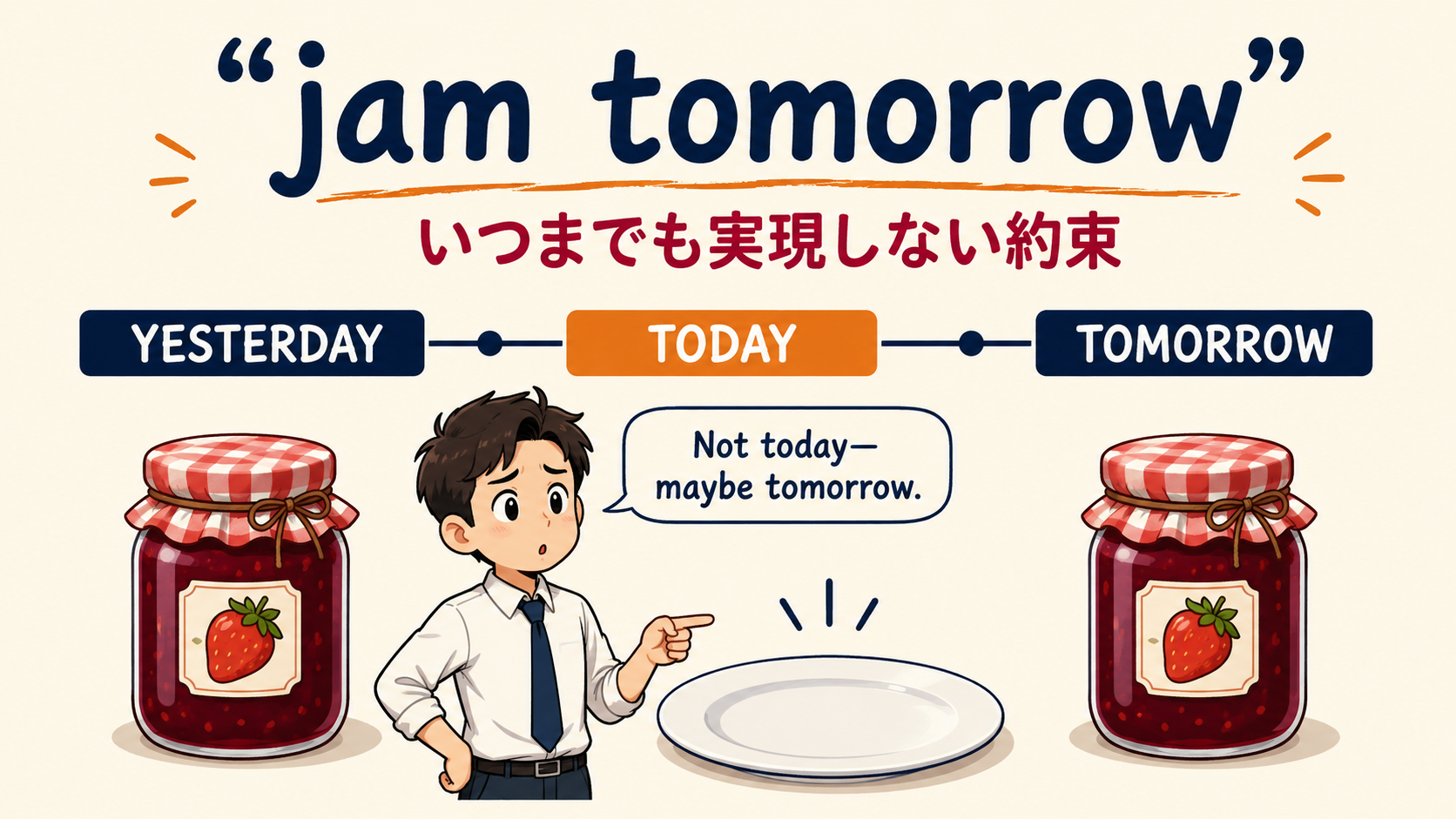 jam tomorrowがいつまでも実現しない約束を表す仕組みの解説イラスト
