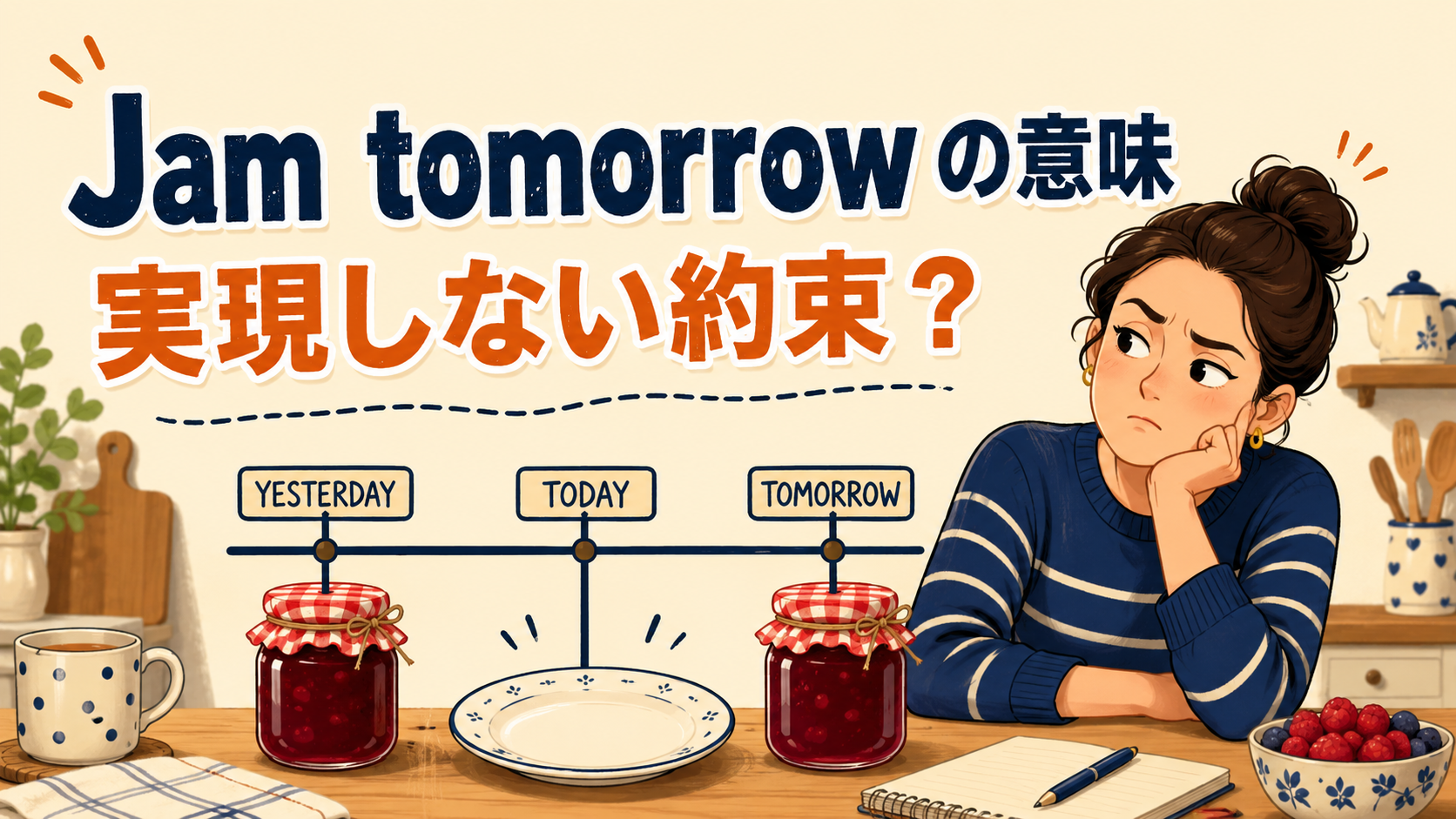 Jam tomorrowの意味と使い方を示すアイキャッチ画像