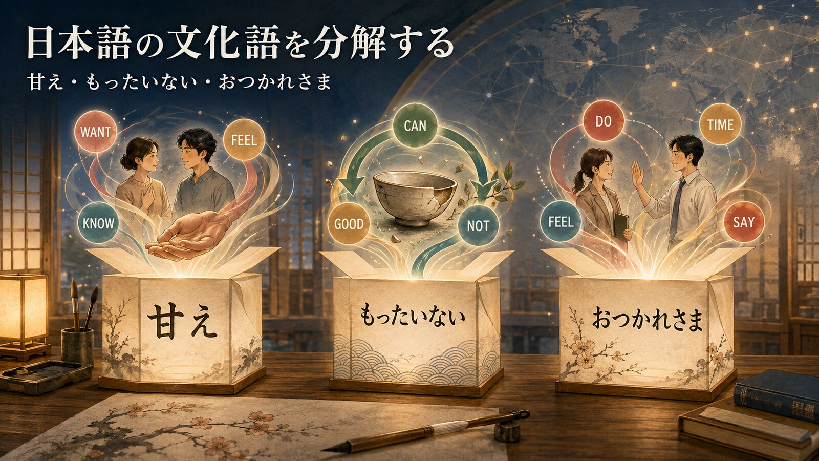 甘え・もったいない・おつかれさまを基本的な意味へ分解するイメージ