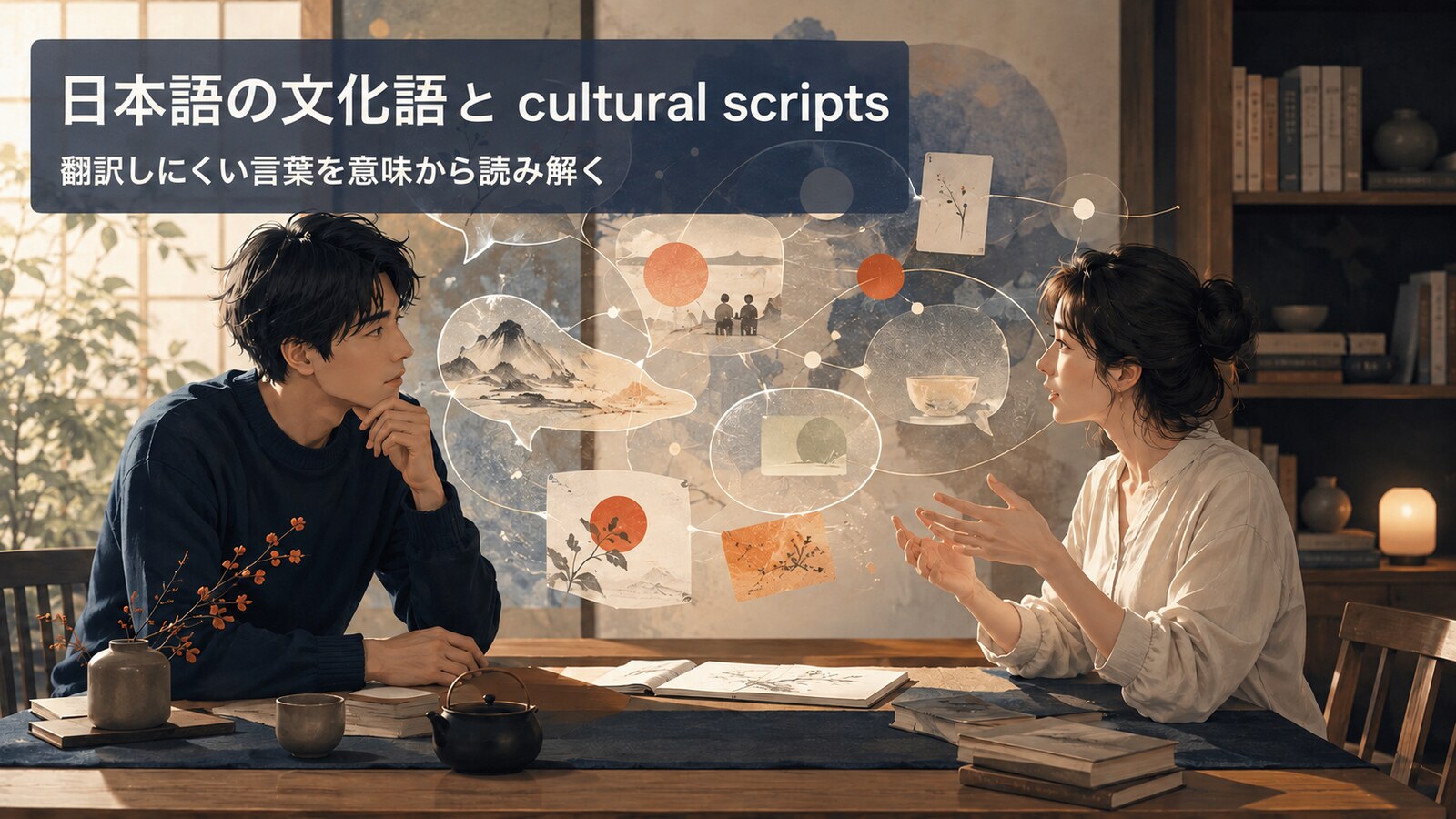 日本語の文化語と文化的な会話の台本を象徴する対話のイラスト