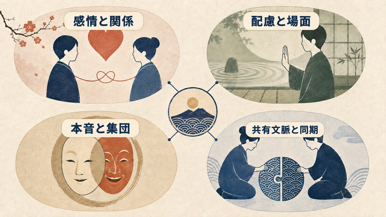 感情と関係、配慮と場面、本音と集団、共有文脈と同期の4領域を示す図