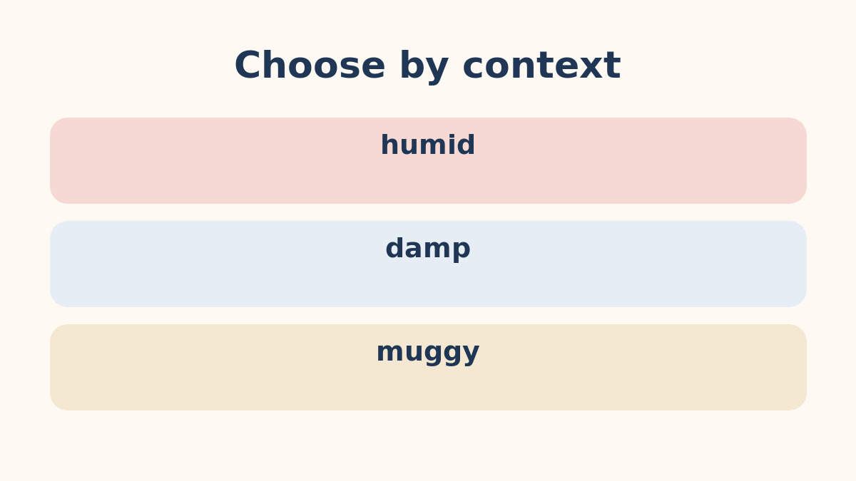humid・damp・muggyの違いを示す比較図