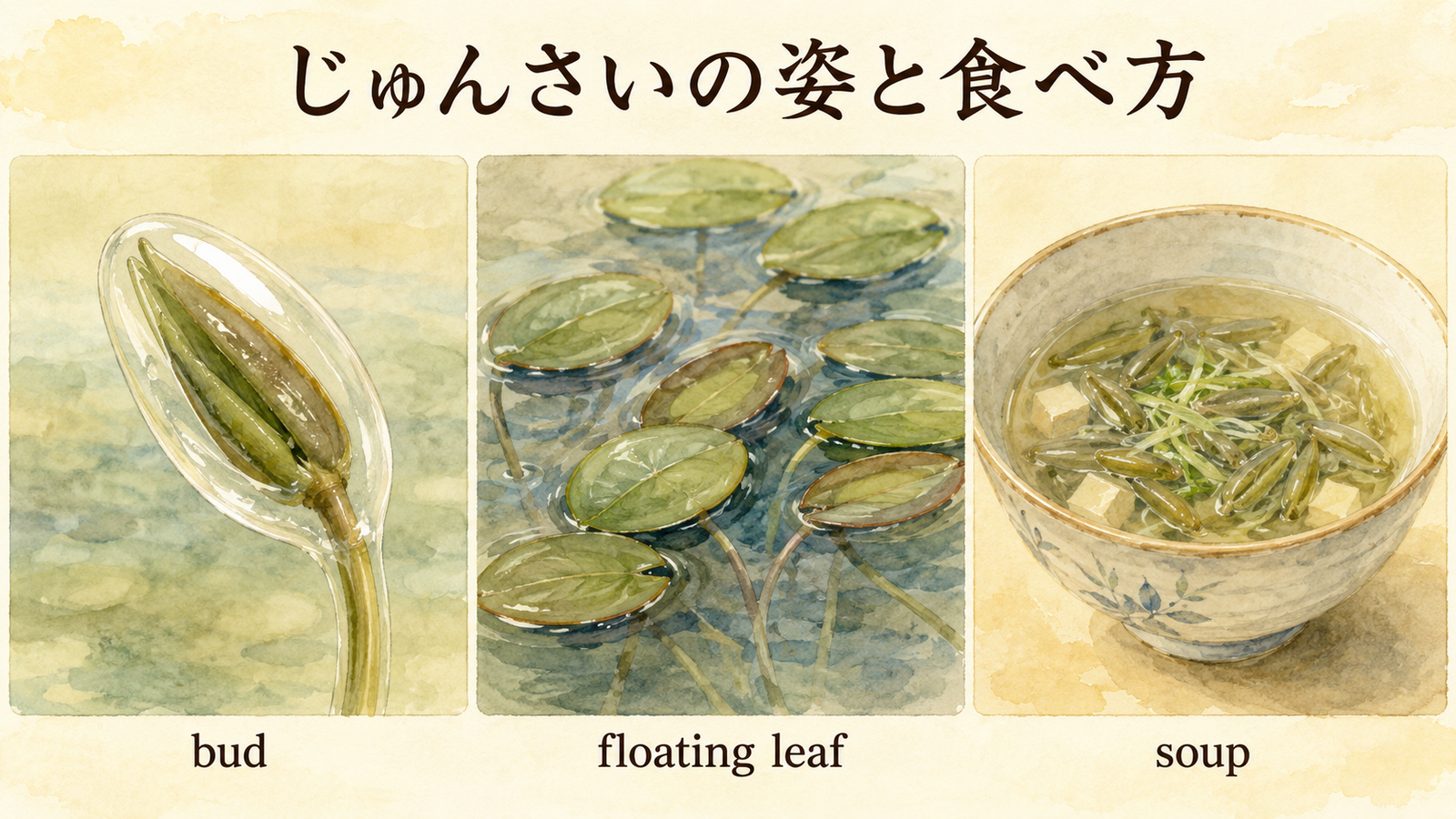 じゅんさいと似た食材の英語名を比較した解説イラスト