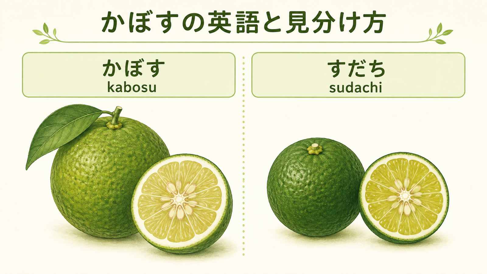 かぼすと似た植物や食材の英語名を比較した教材イラスト