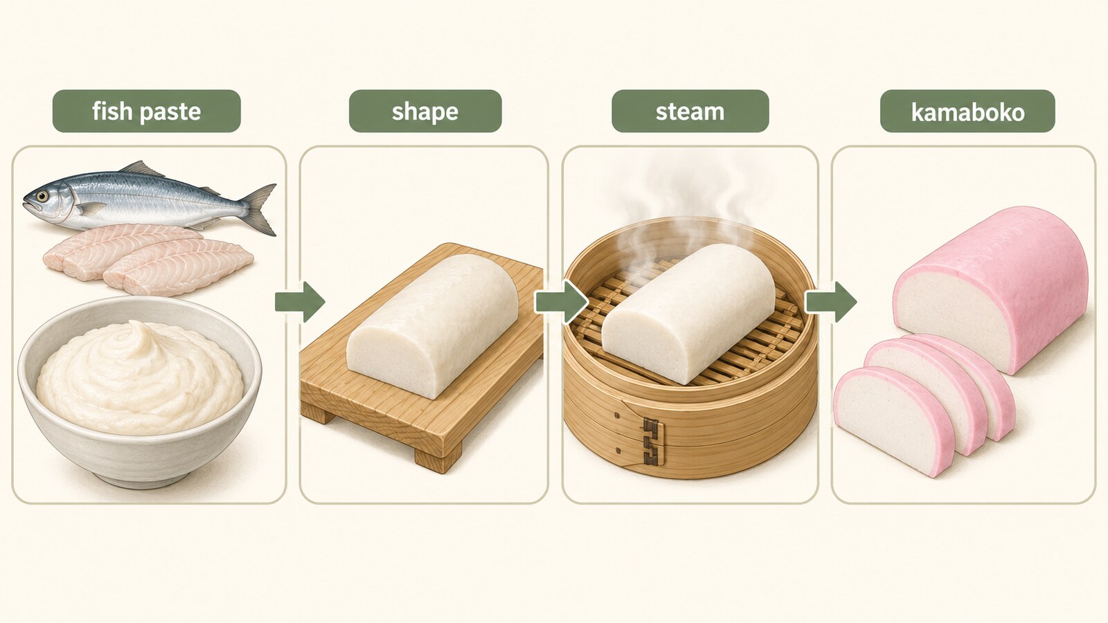 かまぼこの原料・加工・種類の違いを示す英語教材図