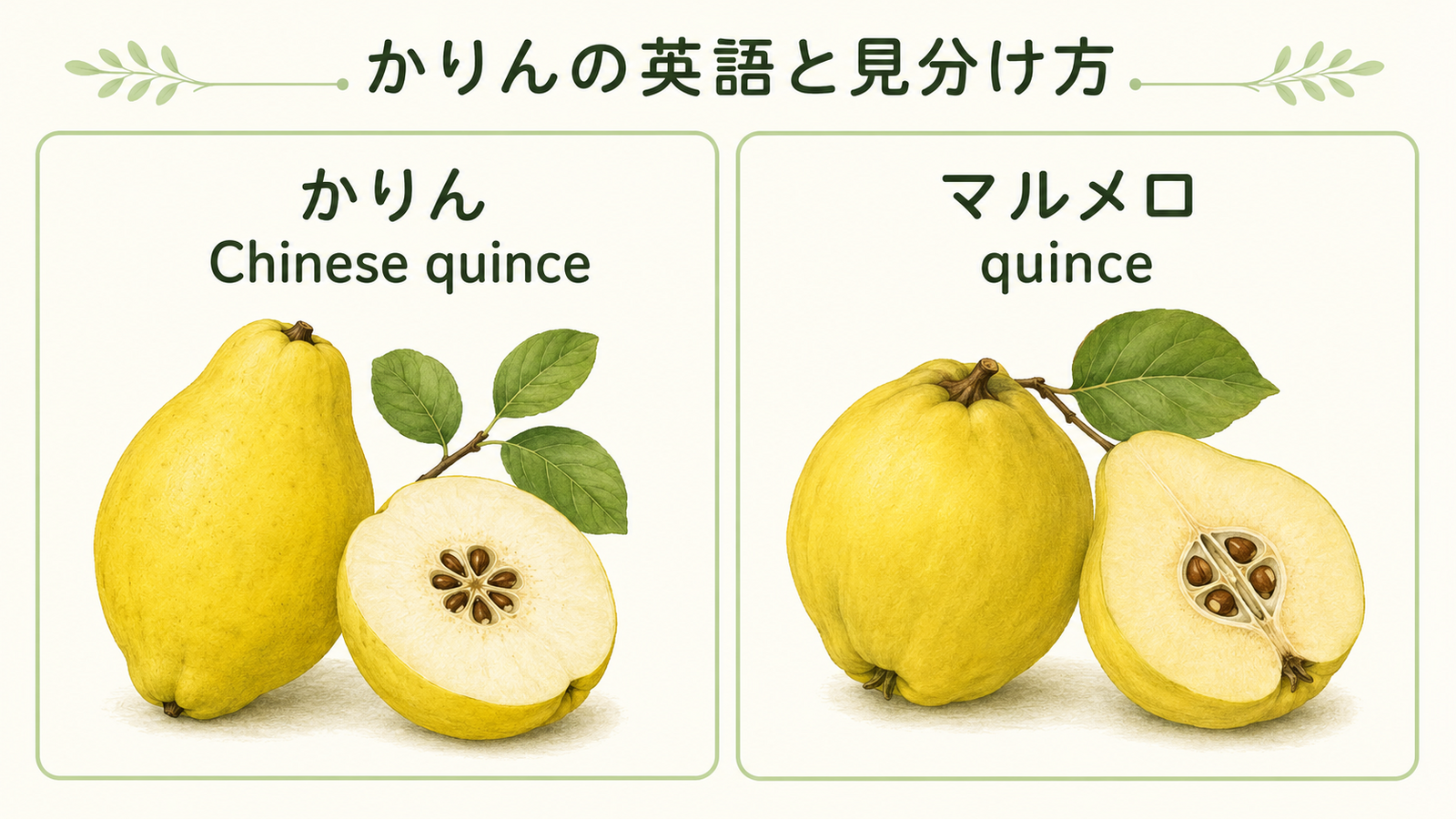 かりんと似た植物や食材の英語名を比較した教材イラスト