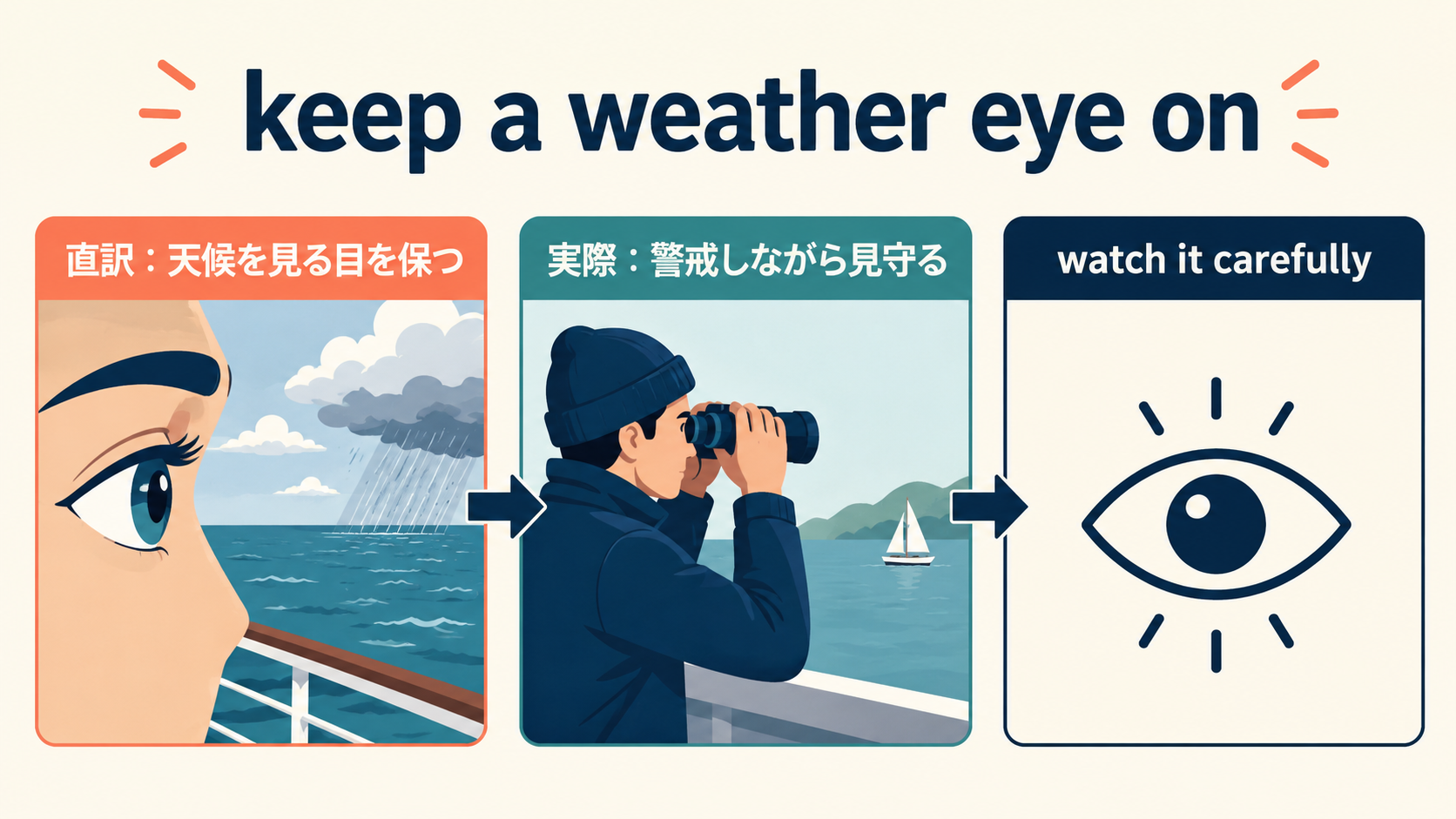 keep a weather eye onの直訳・意味・簡単な言い換えを説明する教材イラスト