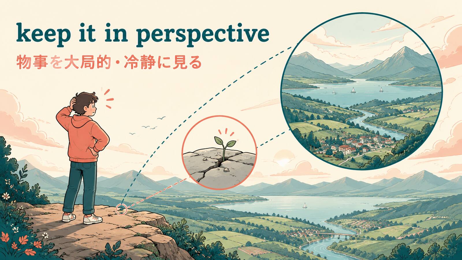 keep it in perspectiveの意味とニュアンスを説明するイラスト