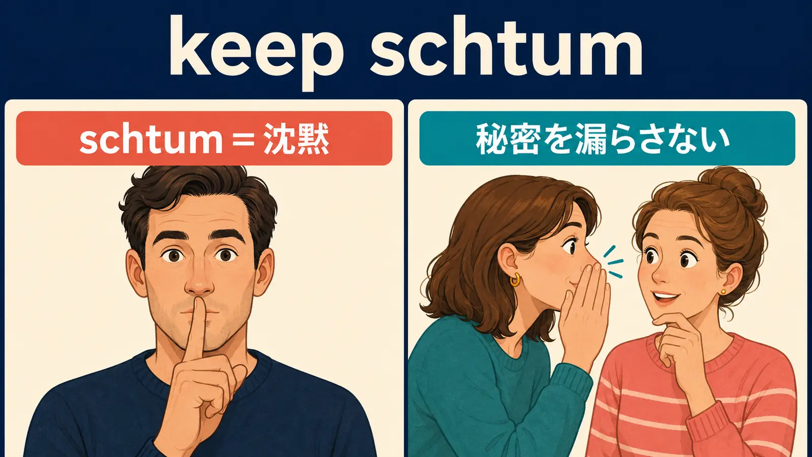 keep schtumの直訳イメージと実際の意味の比較図