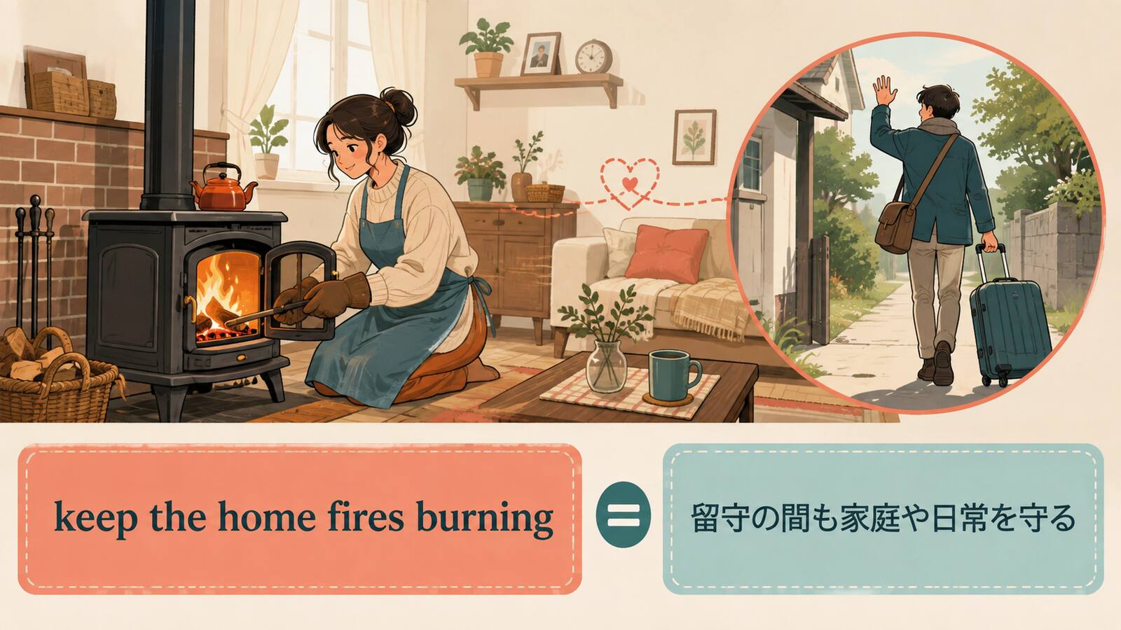 keep the home fires burningの直訳イメージとニュアンスを説明するイラスト