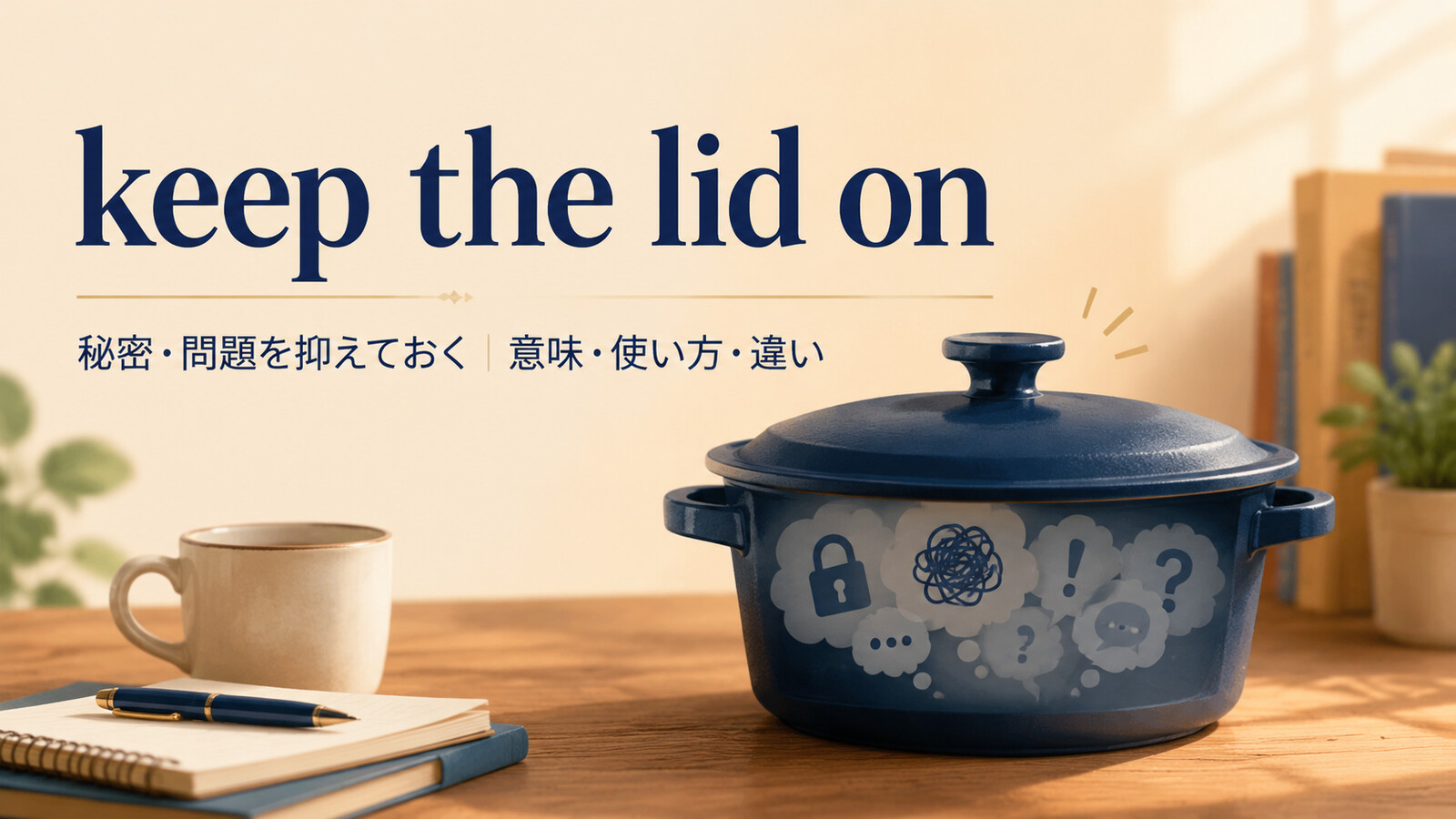 keep the lid onの意味・使い方・違いを解説するアイキャッチ画像
