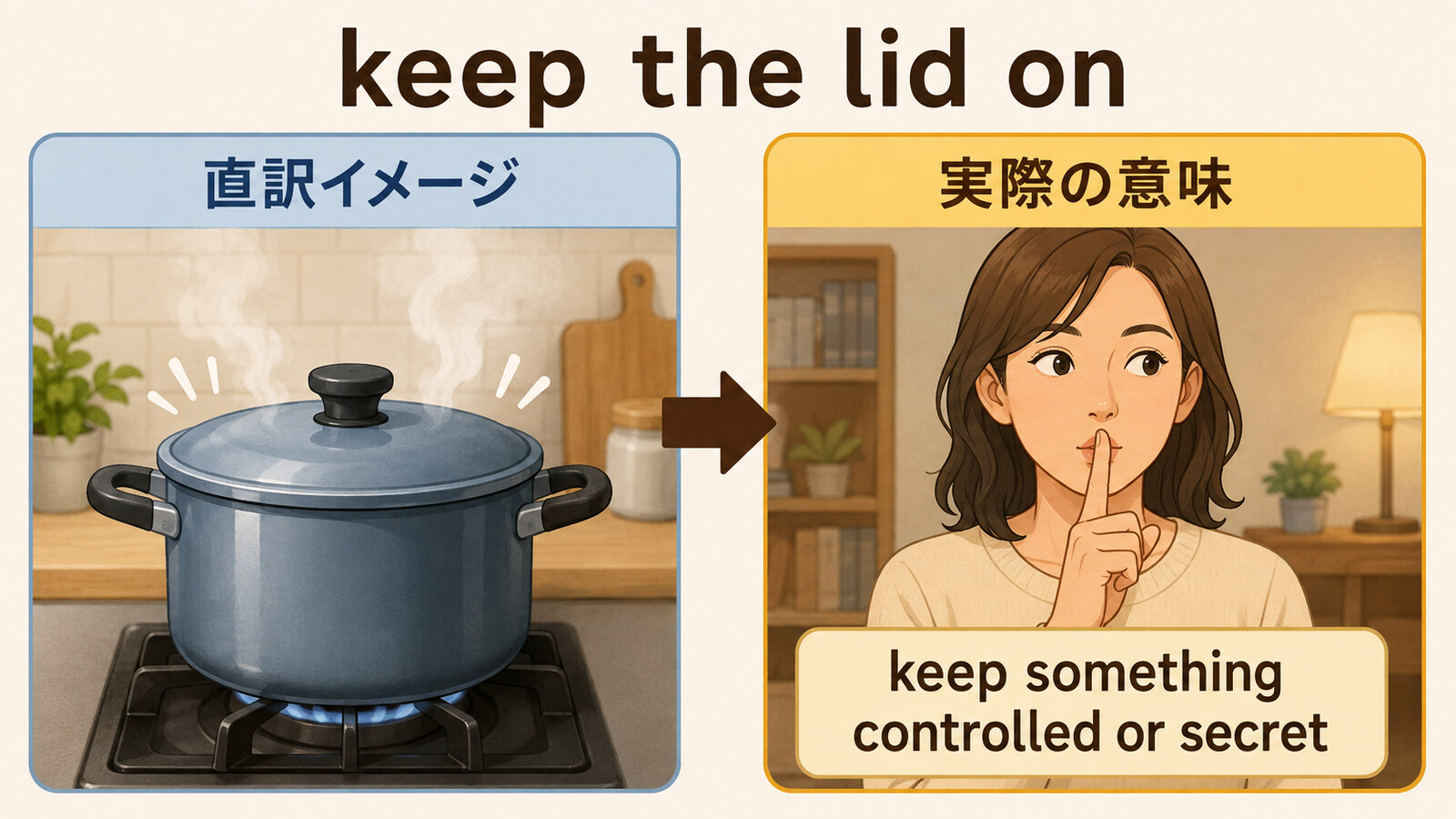 keep the lid onの直訳イメージと実際の意味を比較する解説イラスト