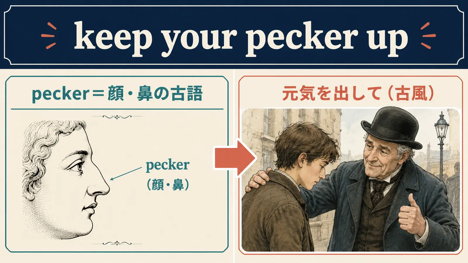 keep your pecker upの直訳イメージと実際の意味の比較図