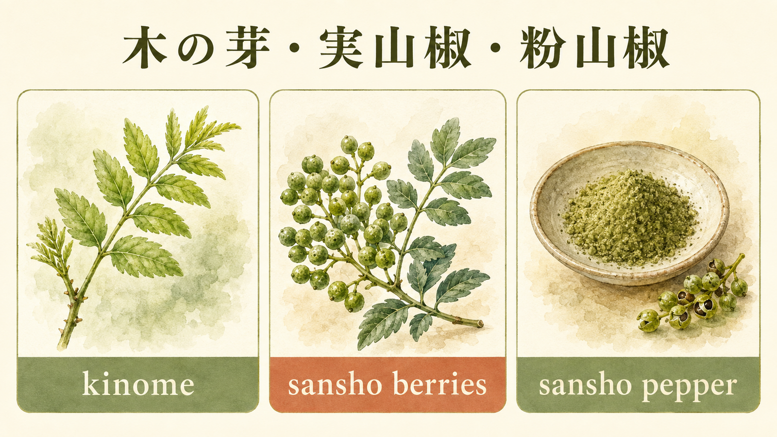 木の芽と似た食材の英語名を比較した解説イラスト