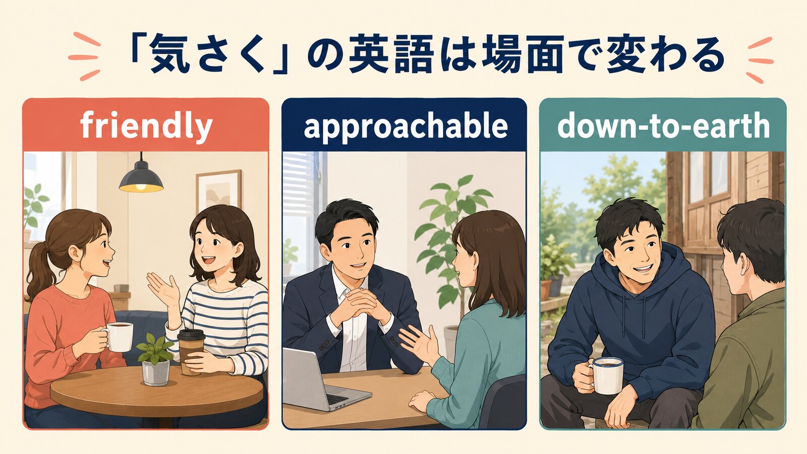 「気さく」を表す英語の使い分け図