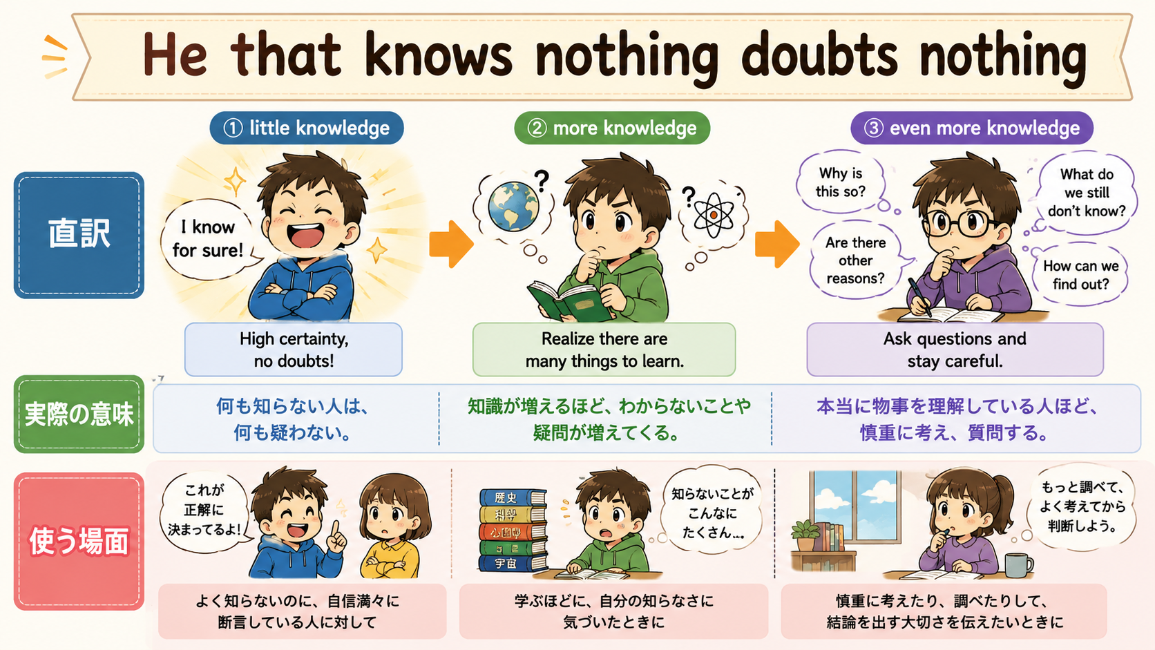 He that knows nothing doubts nothingの直訳・実際の意味・使う場面を比較する解説イラスト