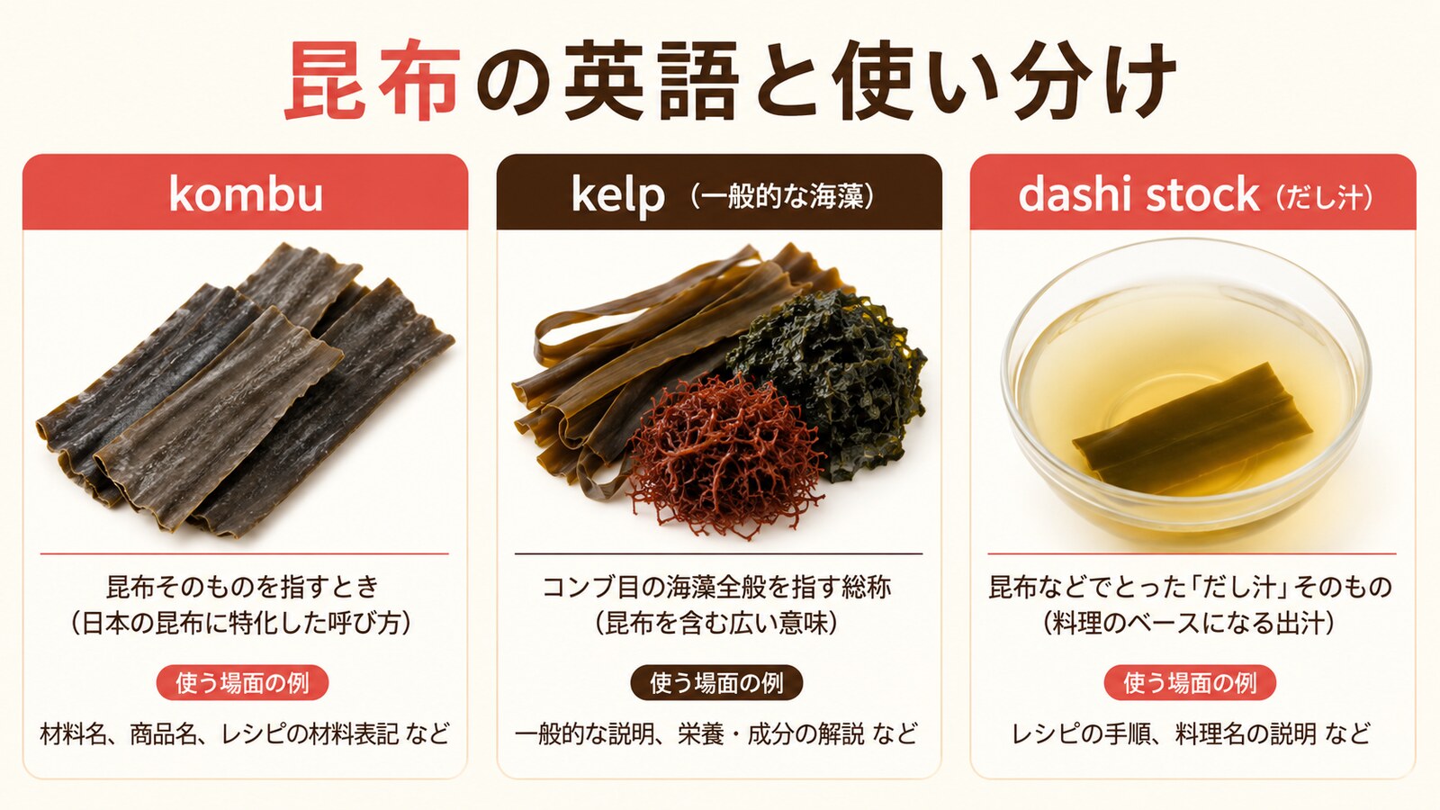 昆布の英語名と種類の使い分けを示す解説画像