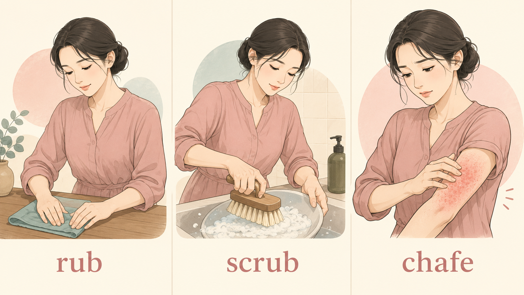 rub・scrub・chafeの違いを示す比較イラスト