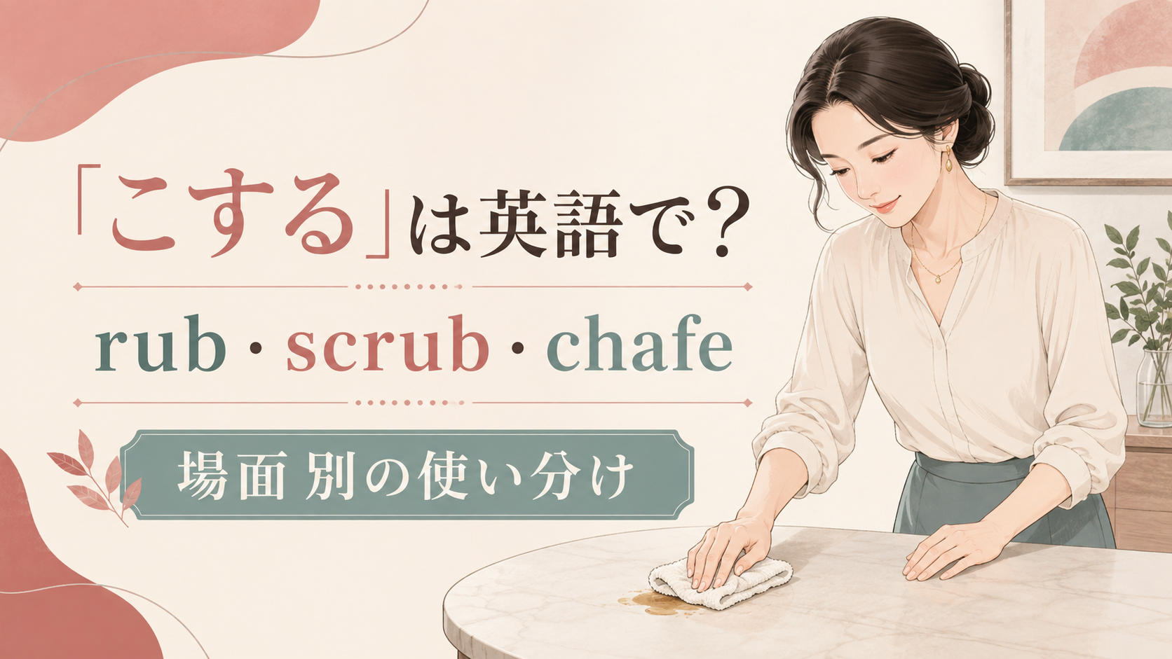 こするの場面別英語表現を示すアイキャッチ