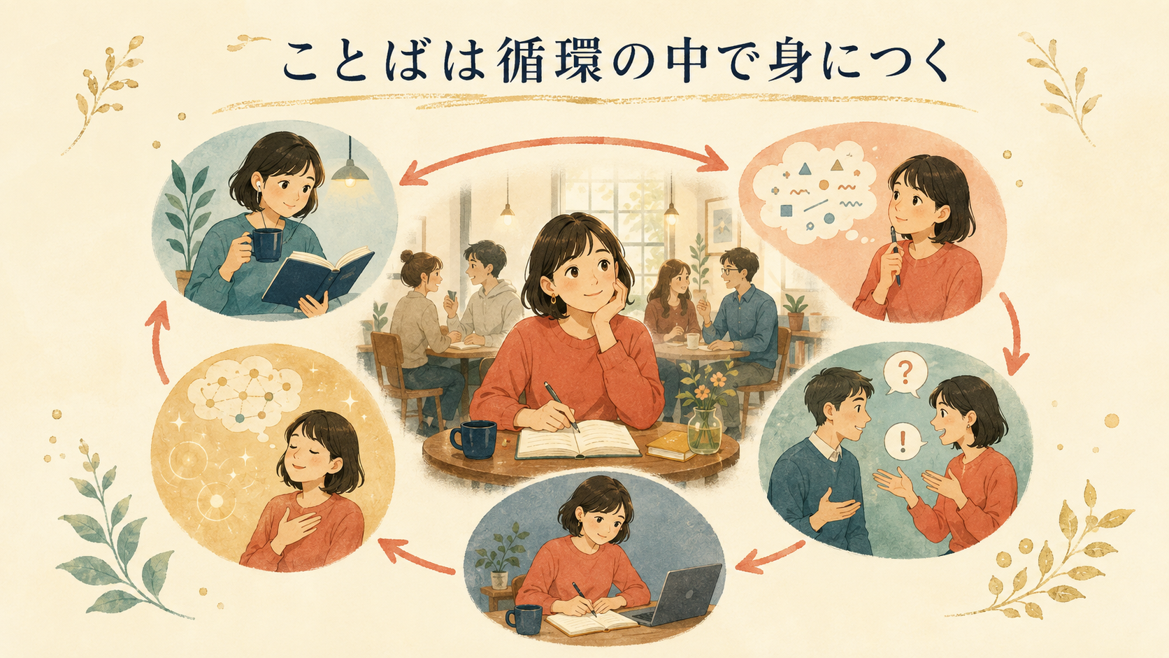 インプット・気づき・相互作用・アウトプット・記憶が循環する言語習得の図