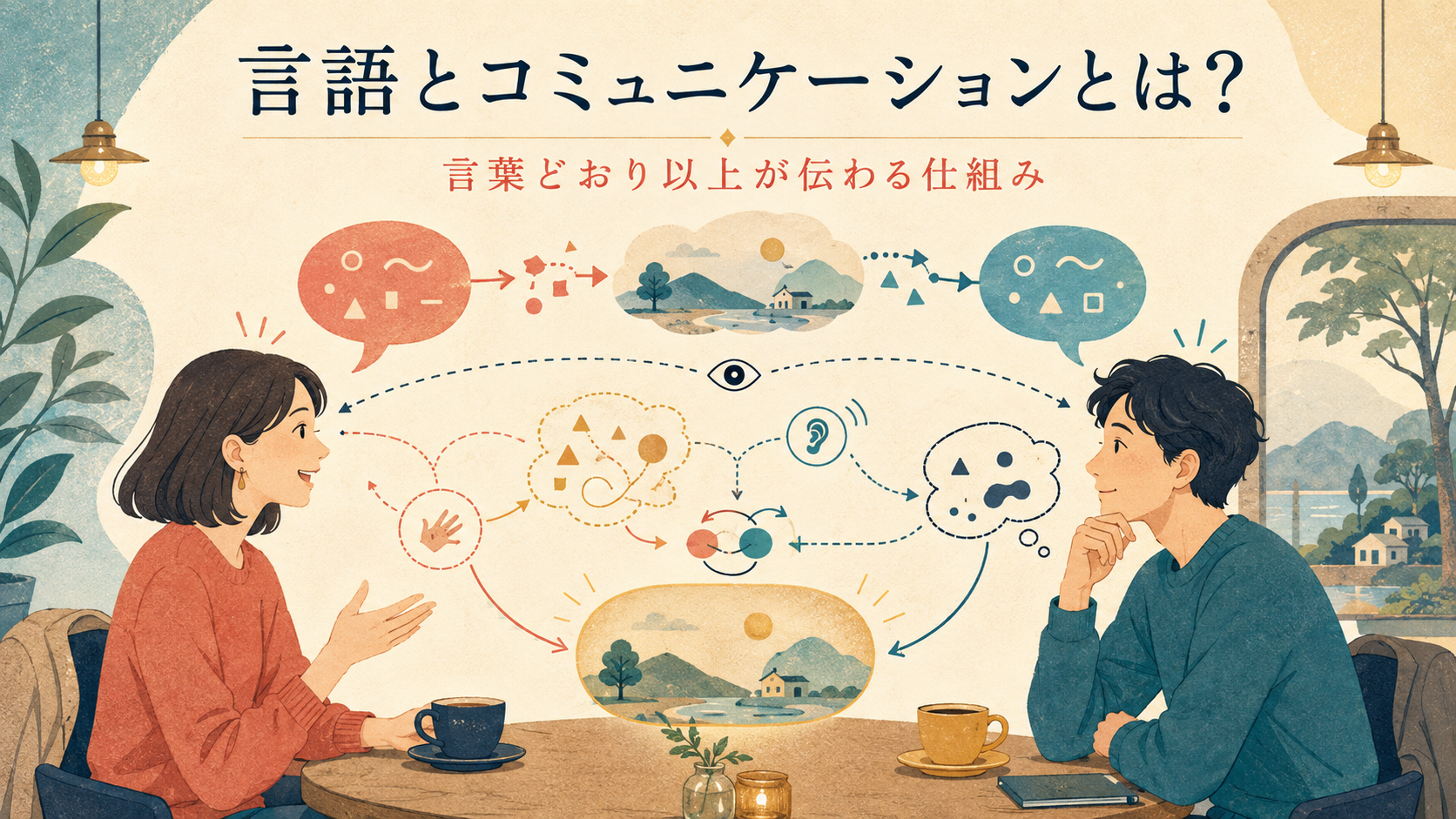 二人の会話で発話・意図・共有文脈・反応から意味が共同で作られる様子