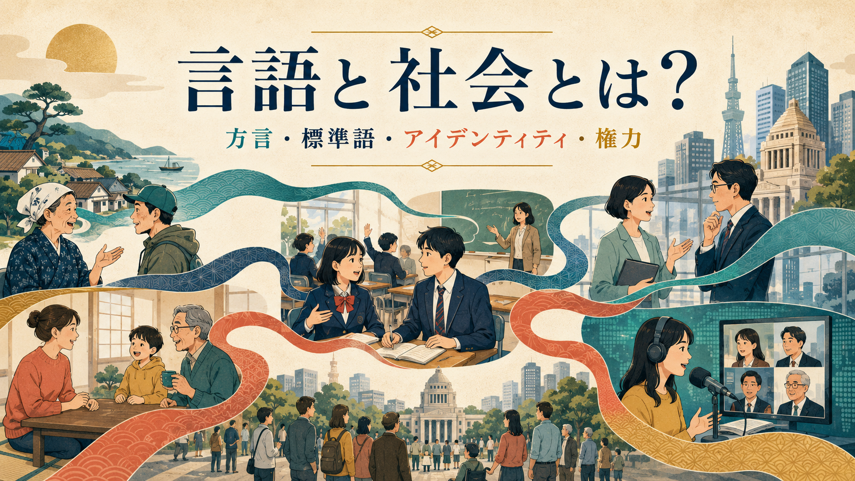 言語と社会とは?方言・標準語・アイデンティティ・権力の関係を表す図
