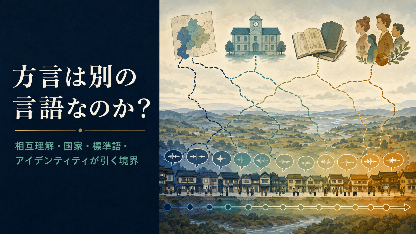 方言連続体に国家・学校・文字・自己認識が異なる境界を引く図
